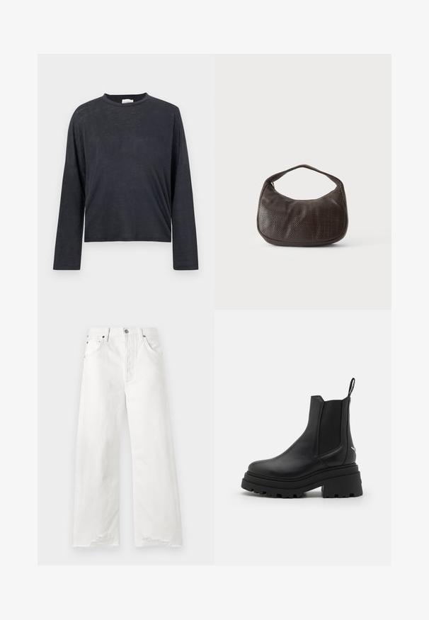 Mørkegrå, langærmet, cropped t-shirt lavet af et let, let tekstureret stof. Har en rund halsudskæring og løstsiddende pasform.; Hvide vide jeans lavet af denim, med høj talje, forlommer og flæser på kanten.; Sorte chelsea støvler lavet af glat læder med elastiske sidepaneler, en tyk, rillede gummisål og en pull-tab bagpå.; Lille mørkebrun tekstureret håndtaske med kort rem og afrundet bund på en ensfarvet lys baggrund.