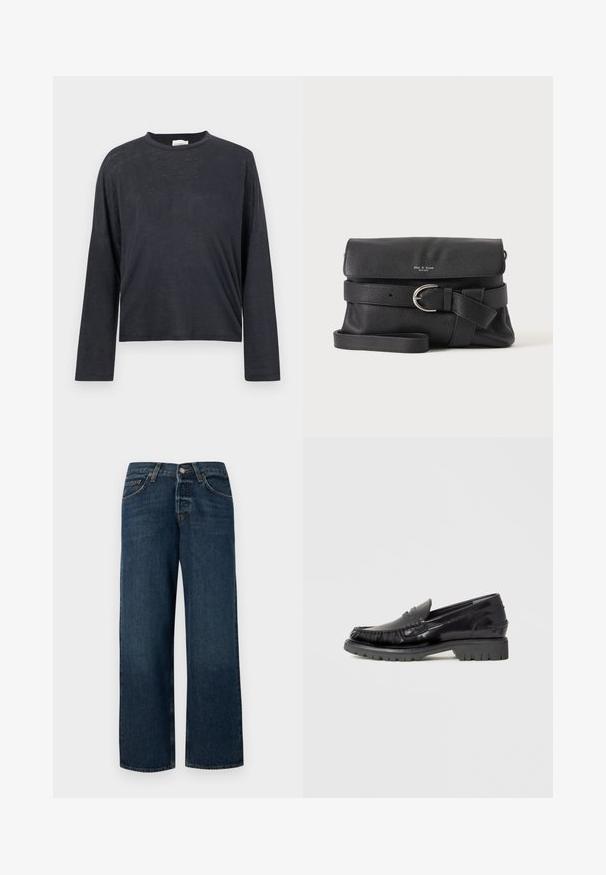 Dunkelgraues, langärmeliges, gekürztes T-Shirt aus einem leichten, leicht strukturierten Stoff. Hat einen runden Halsausschnitt und eine lockere Passform.; Dunkelblaue Jeans aus Denim mit geradem Schnitt, fünf Taschen und Metallbeschlägen. Verfügt über eine leichte Ausbleichung und einen sauberen Saum.; Schwarzer Lederloafer mit einem Obermaterial im Mokassinstil, strukturiertem Fransen-Detail und einer dicken schwarzen Gummisohle. Glatte Oberfläche, abgerundete Spitze.; Schwarze Crossbody-Tasche aus genarbtem Leder mit Klappverschluss, silberner Schnallenriemen-Detail und verstellbarem Schultergurt auf einfarbigem Hintergrund.