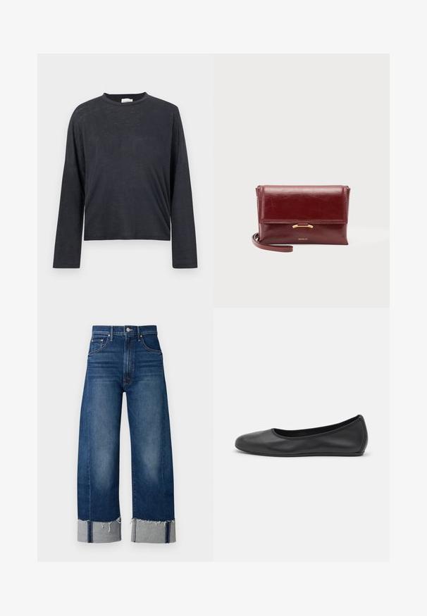 T-shirt cropped à manches longues de couleur gris foncé, fabriqué dans un tissu léger et légèrement texturé. Présente un col rond et une coupe ample.; Jeans en denim bleu foncé à jambes larges avec un ourlet effiloché et des poignets gris clair. Présente un design traditionnel à cinq poches.; Ballerines en cuir noir avec un bout rond, texture lisse, détails de couture minimalistes et design de semelle flexible.; Petit sac pochette en cuir bordeaux avec fermeture à rabat, accent doré et bracelet poignet, posé sur un fond uni.