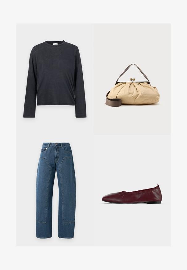 Donkergrijze, lange mouwen, cropped t-shirt gemaakt van een lichtgewicht, licht textuurstof. Beschikt over een ronde halslijn en een losse pasvorm.; Blauwe denim jeans met wijde benen, grote voorzakken, knoopsluiting en riemlussen.; Bordeauxrode leren ballerina met geplooide elastische bovenrand en dunne zwarte zool op witte achtergrond.; Beige stoffen tas met een geplooid ontwerp, bruine leren handgreep en twee ronde metalen sluitingen aan de bovenkant. Inclusief verstelbare bruine riem.