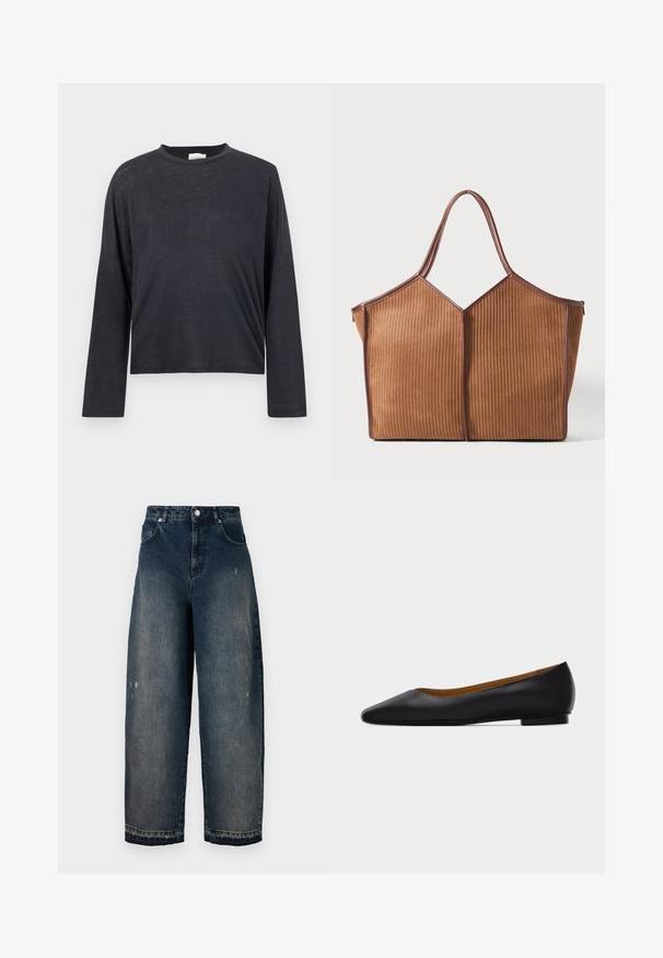Donkergrijze, lange mouwen, cropped t-shirt gemaakt van een lichtgewicht, licht textuurstof. Beschikt over een ronde halslijn en een losse pasvorm.; Donkerdenim wijde pijpen jeans met een hoge taille, vijf zakken, zichtbare stiksels en lichte slijtage aan de voorkant. Klassieke knoop- en ritssluiting.; Zwarte leren puntschoen met lage hak en gladde afwerking, zijaanzicht op een lichtgrijze achtergrond.; Bruine leren tote bag met verticale ribbelstructuur en twee handvatten, rechtopstaand tegen een effen witte achtergrond.