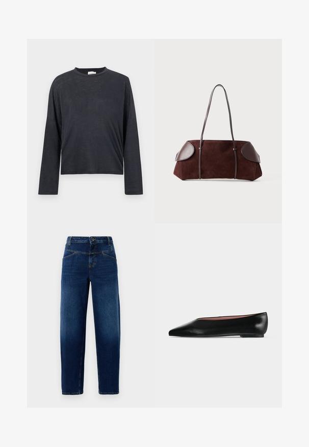 T-shirt cropped à manches longues de couleur gris foncé, fabriqué dans un tissu léger et légèrement texturé. Présente un col rond et une coupe ample.; Jean en denim bleu foncé avec une coupe droite, cinq poches, fermeture par bouton supérieur et coutures orange.; Chaussure plate en cuir noir pour femme, avec bout pointu et petit talon, vue de côté sur un fond gris clair uni.; Sac en daim marron avec des accents en cuir, forme structurée, double poignées, bords arrondis, présentant une texture lisse et un matériel minimal.