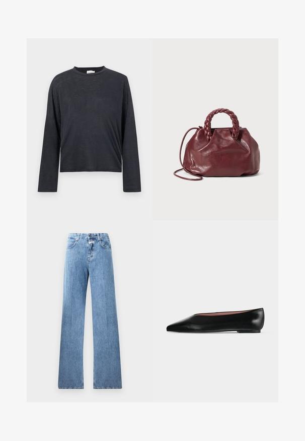 Mørkegrå, langærmet, cropped t-shirt lavet af et let, let tekstureret stof. Har en rund halsudskæring og løstsiddende pasform.; Lyseblå denim jeans med vid ben-design, fem lommer, bæltestropper og knaplukning. Stofmaterialet har en glat tekstur.; Sort damesko i læder med flad hæl og spids tå, vist fra siden på en ensfarvet lys grå baggrund.; Burgundy lædertaske med et flet-håndtag, blød tekstur og en rund form. Har en aftagelig skulderrem for alsidighed.