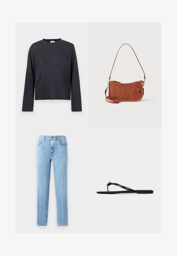 Donkergrijze, lange mouwen, cropped t-shirt gemaakt van een lichtgewicht, licht textuurstof. Beschikt over een ronde halslijn en een losse pasvorm.; Lichtblauwe denim jeans met een rechte pijp, vijf-pocket ontwerp en metalen knoopsluiting. Gelaagd stof met minimale vervaging.; Zwarte platte teensandaal met meerdere dunne bandjes en een kleine gouden druppelvormige decoratie op het voorste bandje.; Bruine suède schoudertas met gouden hardware, korte riem, afneembare langere riem en klein Coach-logo in het midden aan de voorkant.