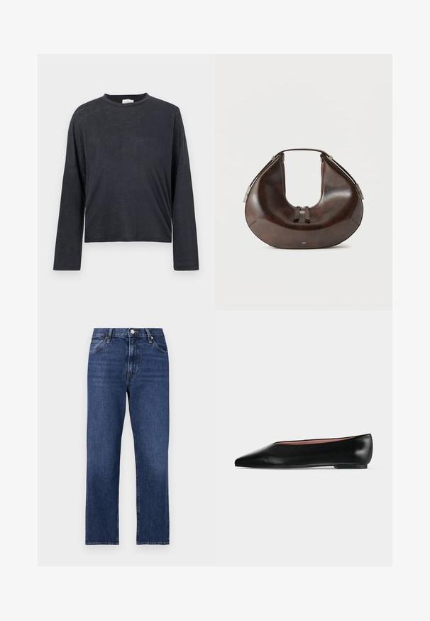 Mørkegrå, langærmet, cropped t-shirt lavet af et let, let tekstureret stof. Har en rund halsudskæring og løstsiddende pasform.; Denim jeans i en mørkeblå vask. Lige ben-design med fem-lomme stil, front lukning med knap og kontrasterende syning.; Sort damesko i læder med flad hæl og spids tå, vist fra siden på en ensfarvet lys grå baggrund.; Mørkebrun, halvmåneformet læderhåndtaske med top-håndtag og to lynlåse, vist mod en ensfarvet lys baggrund.