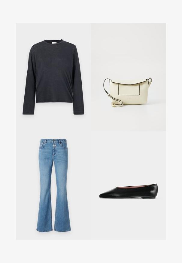 Dunkelgraues, langärmeliges, gekürztes T-Shirt aus einem leichten, leicht strukturierten Stoff. Hat einen runden Halsausschnitt und eine lockere Passform.; CLOSED JOVANNA - Jeans Bootcut - light blue; Schwarzer flacher Damenleder-Schuh mit spitzer Kappe und niedrigem Absatz, von der Seite auf einfarbigem hellgrauem Hintergrund gezeigt.; Cremfarbene Lederhandtasche mit strukturiertem Finish, schwarzem Besatz, einer Fronttasche und einem verstellbaren Schulterriemen. Der Verschluss weist ein Klappen-Design auf.