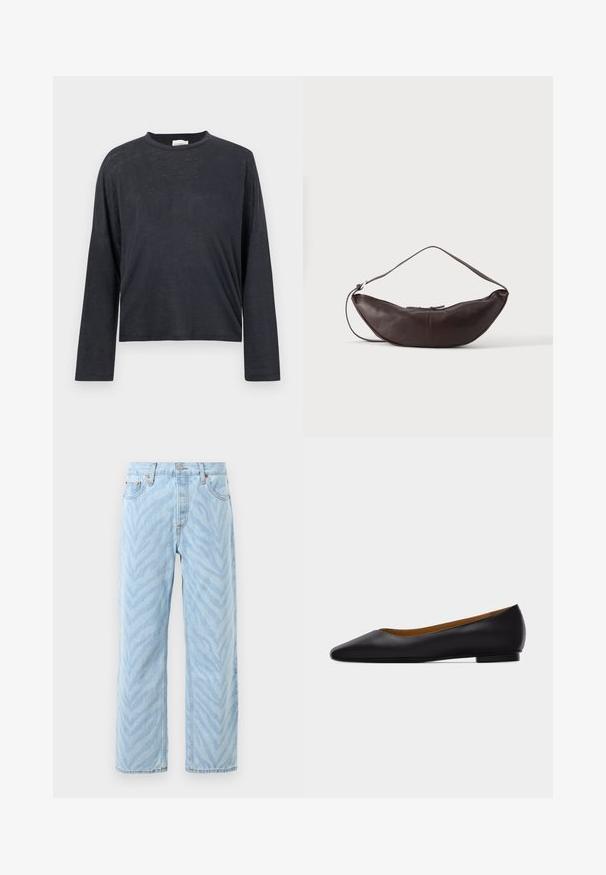 T-shirt cropped à manches longues de couleur gris foncé, fabriqué dans un tissu léger et légèrement texturé. Présente un col rond et une coupe ample.; Jeans droit light blue avec un motif subtil de rayures zèbres, fermeture par bouton et zip, et design à cinq poches.; Chaussure plate en cuir noir à bout pointu avec talon bas et finition lisse, vue de côté sur un fond gris clair.; Sac d'épaule en cuir marron foncé en forme de croissant avec une lanière courbée et des coutures visibles sur fond uni.