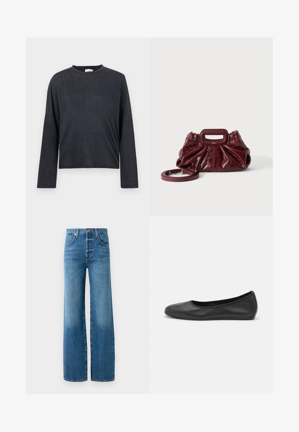 Dunkelgraues, langärmeliges, gekürztes T-Shirt aus einem leichten, leicht strukturierten Stoff. Hat einen runden Halsausschnitt und eine lockere Passform.; Weite Jeans aus hellblauem Denim. Verfügt über einen Knopfverschluss, Gürtelschlaufen und kontrastierende Nähte. Der Stoff hat einen leicht verwaschenen Effekt.; Schwarze Leder-Ballettschuhe mit abgerundeter Spitze, glatter Textur, minimalen Nähdetails und einem flexiblen Sohlen-Design.; Kleine dunkelrote Ledertasche mit geraffter Textur, rechteckigem Handgriff mit Ausschnitt und abnehmbarem Schulterriemen auf weißem Hintergrund.