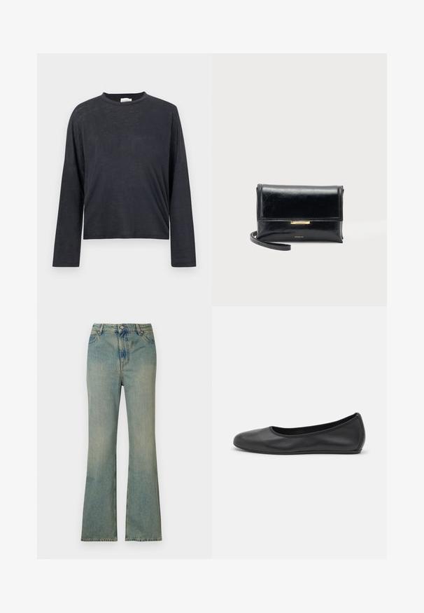 Mørkegrå, langærmet, cropped t-shirt lavet af et let, let tekstureret stof. Har en rund halsudskæring og løstsiddende pasform.; Lysblå denim flare jeans med høj talje, fem lommer og lynlås. Ren, falmet finish med subtile syninger.; Sort læderballetsko med rund tå, glat tekstur, minimal syning og et fleksibelt såldesign.; Sort læder crossbody taske med en guldlås og justerbar rem, vist på en ensartet lys baggrund.