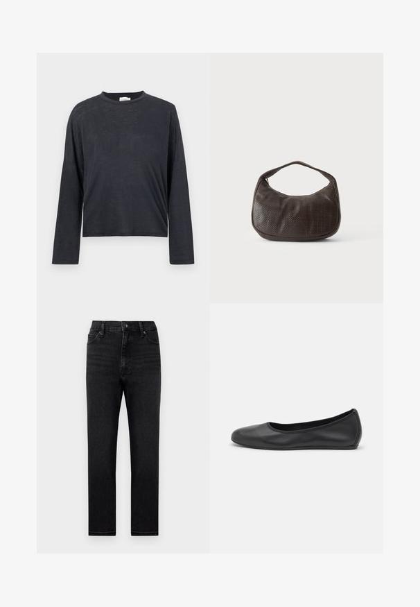 T-shirt cropped à manches longues de couleur gris foncé, fabriqué dans un tissu léger et légèrement texturé. Présente un col rond et une coupe ample.; Jean en denim noir avec une coupe droite, taille haute et un design classique à cinq poches. Comprend des passants de ceinture et une fermeture à glissière.; Ballerines en cuir noir avec un bout rond, texture lisse, détails de couture minimalistes et design de semelle flexible.; Petit sac à main marron foncé texturé avec une courte bandoulière et un fond arrondi sur un fond clair uni.
