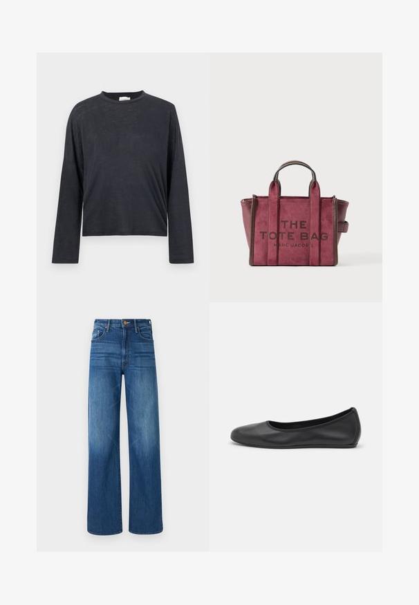 Mørkegrå, langærmet, cropped t-shirt lavet af et let, let tekstureret stof. Har en rund halsudskæring og løstsiddende pasform.; Mother THE LASSO SNEAK - Jeans Relaxed Fit - dark blue denim; Sort læderballetsko med rund tå, glat tekstur, minimal syning og et fleksibelt såldesign.; Bordeaux ruskind- og lædertote med korte håndtag og forrest tekst, der læser "THE TOTE BAG MARC JACOBS" på en hvid baggrund.