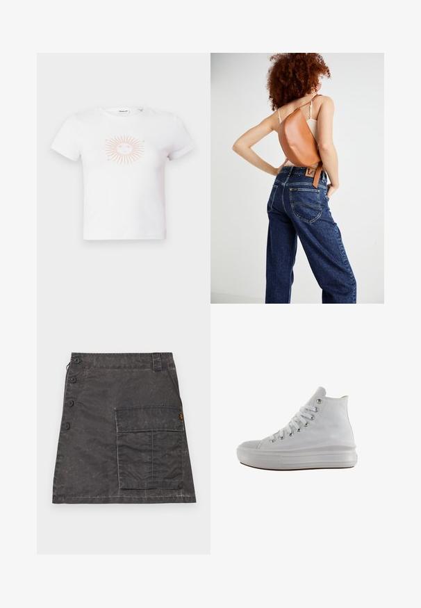 Witte katoenen t-shirt met korte mouwen, voorzien van een roze zonafbeelding met stralen en een gezicht ontwerp in het midden. Soepele textuur, casual pasvorm.; Grijze rok van gestructureerde stof met een voorste knoopsluiting en een zijzak. Heeft een subtiele versleten uitstraling en gestikte details.; Witte hoge canvas sneaker met witte veters, metalen oogjes, dikke rubberen zool en gestructureerde neuskap, naar links gericht op een witte achtergrond.; Bruine leren rugzak met een unieke gebogen vorm. Draag diagonaal, gecombineerd met hooggewaist blauwe spijkerbroek met gele stiksels.