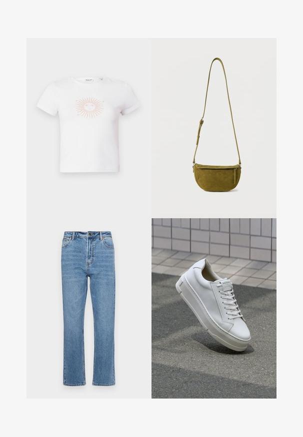 Witte katoenen t-shirt met korte mouwen, voorzien van een roze zonafbeelding met stralen en een gezicht ontwerp in het midden. Soepele textuur, casual pasvorm.; Lichtblauwe denim jeans met een rechte pijp, vijf zakken, een sluiting met een knoop aan de voorkant en subtiele vervaging op de stof.; Witte leren sneaker met een low-top ontwerp, platte veters, ronde neus en textuur zijden. Dikke rubberen zool met subtiele accenten.; Olijfgroene suède schoudertas met verstelbare riem en ritssluiting aan de voorkant op een effen witte achtergrond.