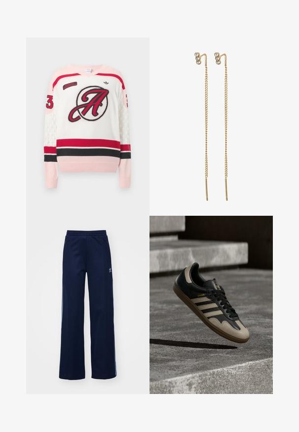 Kreemivärviline kootud kampsun punaste, roosade ja mustade triipudega. Omandab suure punase "A" logoga, tekstuursete varrukatega ja "Adidas Originals" sildiga.; Tumesinise puuvillaseguse kangaga dressipüksid laia säärekujundusega, elastse värvliga ja tõmblukkudega taskutega, millel on valged külg triibud ja logodetail.; Must ja beež nahast spordijalats, millel on kolm valget triipu, tan värvi kummist talla ja kuldsete "Samba" detailidega küljel.; Pilgrim Kõrvarõngad - ox gold crystal tp
