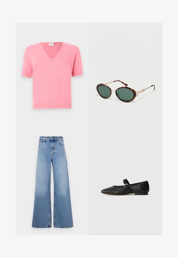 Roze trui met korte mouwen en V-hals, met geribbelde manchetten en zoom, afgebeeld op een lichtgrijze achtergrond.; Lichtblauwe wijde denimjeans met hoge taille, met voorzakken en naaddetails die verticaal over de benen lopen.; Zwart leren ballerina met een spitse neus, band met gespsluiting en een lage, platte zool. Soepele textuur met minimale designelementen.; Ronde zonnebril met schildpadprint, groene glazen en dunne gouden pootjes met een decoratieve knoopdetail.