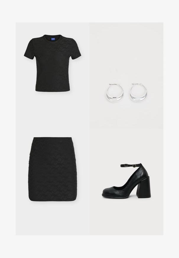 Μαύρο cropped T-shirt με κοντά μανίκια, με ανάγλυφες καρδιές και σχέδιο κειμένου "Hugo", στρογγυλή λαιμόκοψη και μπλε ετικέτα μάρκας μέσα στον γιακά.; Μαύρη μίνι φούστα με ανάγλυφα σχήματα καρδιών και μοτίβο κειμένου σε καλλιγραφικά γράμματα σε όλο το ύφασμα.; Μαύρο δερμάτινο γυναικείο παπούτσι με ψηλό τακούνι, στρογγυλεμένη μύτη και ρυθμιζόμενο λουράκι στον αστράγαλο με χρυσή αγκράφα σε απλό ανοιχτό φόντο.; Ασημένια σκουλαρίκια δαχτυλίδια με γυαλιστερή επιφάνεια και σήμα DKNY, τοποθετημένα μπροστά σε λευκό φόντο.