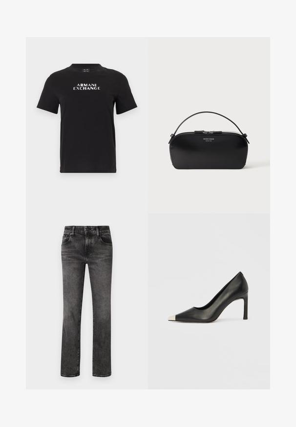 Must lühikeste varrukatega t-särk, millel on rinnal valgete suurte tähtedega trükitud "ARMANI EXCHANGE".; Mustad teksased sirge lõikega, millel on viis taskut, nööbi ja lukuga sulgemine ning peen kulumine kanga pinnal.; Mustast nahast kõrge kontsaga king terava varba ja metallik hõbedase otsikuga. Iseloomustab sile viimistlus ja sihvakas 10 cm konts.; Mustast nahast käekott hõbedase tõmblukuga ja lühikese sangaga, esiküljel vormitud Emporio Armani Milano 1981 logo.