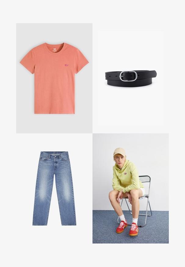 Jednofarebné koralové tričko s krátkym rukávom a guľatým výstrihom s malým červeným logom Levi's na ľavej strane hrude.; Svetlomodré džíny z denimu s rovnými nohavicami, dizajnom s piatimi vreckami a viditeľným vyblednutím na stehnách. Obsahujú gombíkový zapínací systém a pútka na opasok.; Svetlozelená mikina s logom, biele šortky, červené tenisky s bielymi pruhmi, sediaca na chrómovej skladacej stoličke proti neutrálnemu pozadiu.; Čierny kožený opasok s hladkým povrchom, oválnou striebornou kovovou prackou a viacerými nastavovacími otvormi pozdĺž pásu. Plochý, minimalistický dizajn.