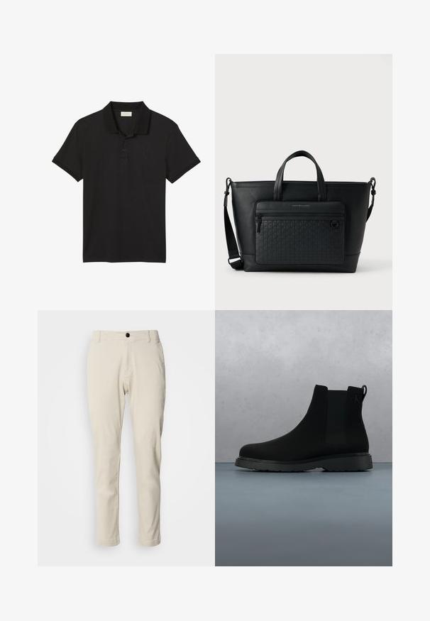 Must lühikeste varrukatega polo särk, millel on kaks nööpi ja väike tikitud Calvin Kleini logo vasakul rinnal.; Beezid chinod sirge jala, pehmest puuvillakangast, millel on lukuga lend ja üks must nööp. ; Mustad mustankott, mis on valmistatud siledast materjalist, peente õmblustega, kummitald ja stiilne disain, asetatud puidustruktuuriga pinna kohale.; Mustast nahast kandekott kahe pealse sangaga, reguleeritava õlarihmaga ja esiküljel tekstuurne tasku, millel on peen punutud muster.