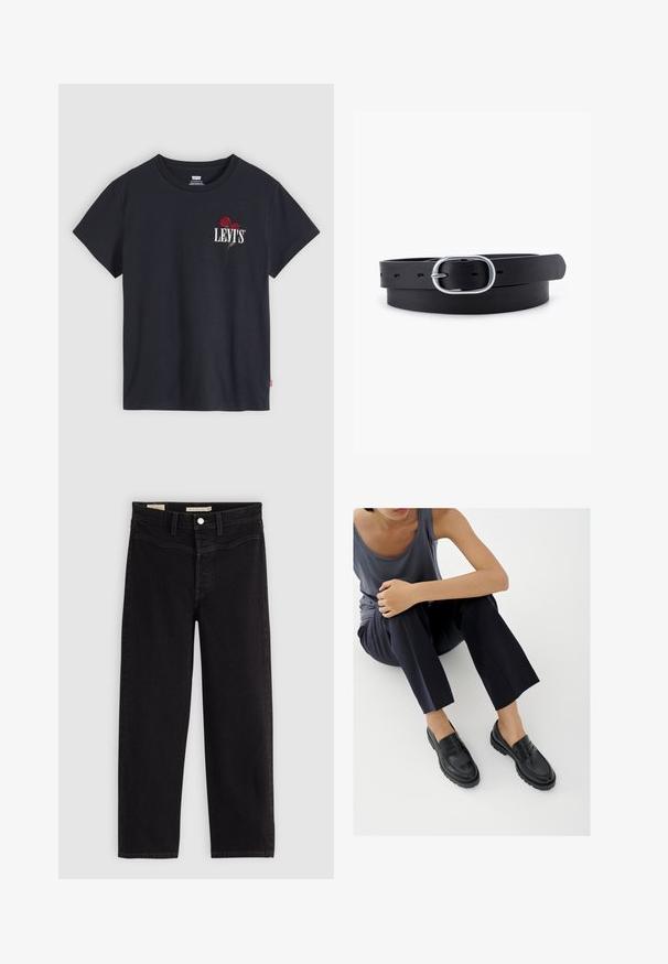 T-shirt noir à manches courtes avec col rond, avec le texte blanc « "LEVI'S" » et deux roses rouges brodées sur la poitrine gauche.; Jean noir à coupe droite, fabriqué en denim. Comprend des poches avant, une fermeture à bouton et des coutures contrastées.; Mocassins en cuir noir avec accents texturés, talon bas, bout arrondi, et coutures visibles. Modèle portant un pantalon sombre et un haut gris.; Ceinture en cuir noir au toucher lisse, boucle en métal argenté de forme ovale et plusieurs trous d'ajustement le long de la sangle. Design plat et minimal.