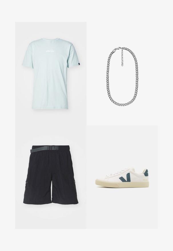 T-shirt en coton bleu clair avec des manches courtes et un col rond. Présente un logo "ellesse" blanc sur la poitrine et une petite étiquette d'accent sur la manche.; Shorts cargo noirs en tissu léger, dotés d'une taille élastique avec une ceinture, de poches latérales et d'une texture lisse.; Baskets en cuir blanc avec un logo en suède teal, bout rond, design à lacets et semelle en caoutchouc avec des détails texturés. Nom de la marque "VEJA" en doré.; Collier chaîne curb ton argent avec fermoir mousqueton et chaîne d'extension réglable sur fond blanc.