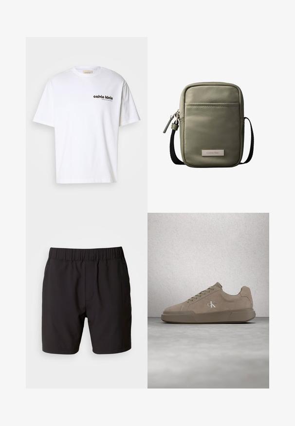 Weißes Baumwoll-T-Shirt mit kurzen Ärmeln, mit schwarzem "Calvin Klein"-Textlogo und einem quadratischen Etikett in der Nähe des Ausschnitts. Schlichtes Design.; Schwarze Shorts aus elastischem Stoff mit einem elastischen Bund, Seitentaschen und einem schlichten, klaren Design. Keine Muster oder Verzierungen.; Beiger Veloursledersneaker mit Schnürsenkeln und "ck"-Logo, schwebend über einem polierten Betonboden vor einer Wand aus Glasklötzen dargestellt.; Kompakte olivgrüne Umhängetasche mit Vordertasche, schwarzem verstellbarem Riemen, Reißverschluss und Calvin Klein Logo-Plakette.