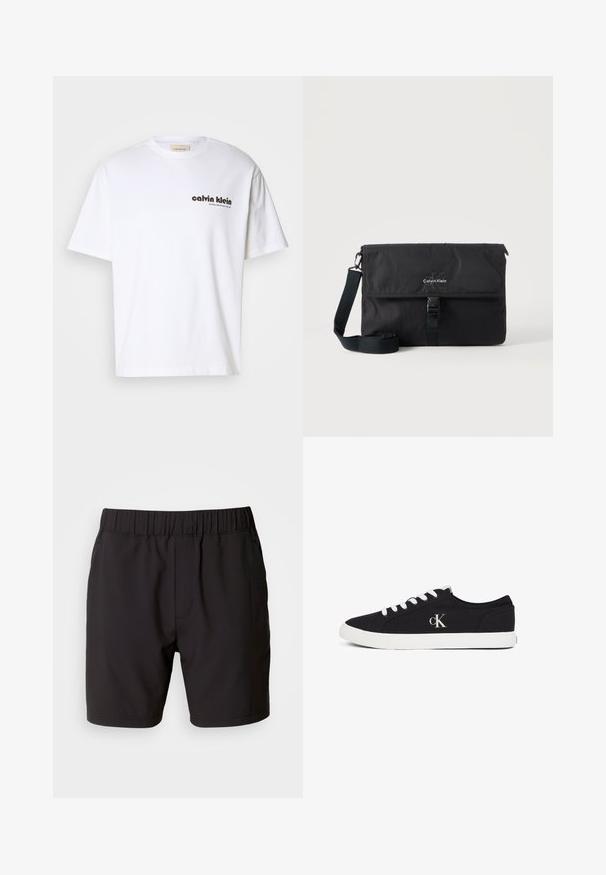 Hvid bomulds t-shirt med korte ærmer, med sort "Calvin Klein" tekstlogo og et firkantet mærke nær halsudskæringen. Simpelt design.; Sorte shorts lavet af strækbart stof, med en elastisk talje, sidelommer og et simpelt, rent design. Ingen mønstre eller detaljer.; Sort lavt sneakers med hvide snørebånd og sål, med "cK" logo på siden, vist på en hvid baggrund.; Sort Calvin Klein messenger-taske med justerbar skulderrem og frontklap sikret med spænde, vist mod en ensfarvet baggrund.