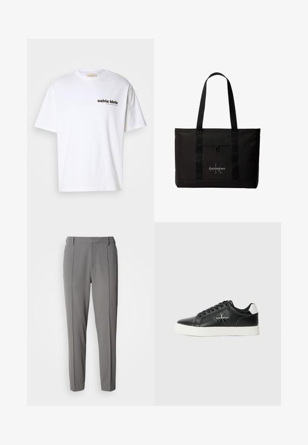 T-shirt en coton blanc à manches courtes, avec un logo en texte noir "Calvin Klein" et une étiquette carrée près de l'encolure. Design simple.; Calvin Klein PULL ON - Pantalon classique - pewter; Baskets en cuir noir avec semelle en caoutchouc blanche, lacets noirs et logo Calvin Klein sur le côté. Dotées d'une languette de talon contrastante.; Sac cabas noir Calvin Klein avec deux longues poignées et une poche avant, avec le logo de la marque en blanc et gris.