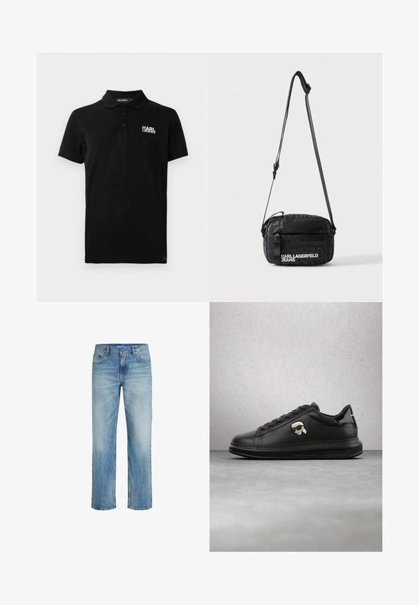Schwarzes Polohemd mit kurzen Ärmeln, drei Knöpfen und weißem "KARL LAGERFELD"-Logo auf der linken Brust.; Helle blaue Denim-Jeans mit geradem Schnitt. Verfügt über eine verwitterte Textur, ein Fünf-Taschen-Design und einen Knopfverschluss mit Gürtelschlaufen.; Person trägt schwarze Lederhosen und schwarze Sneakers mit einem kleinen Comic-Charakter-Anhänger an der Seite, steht auf einem Holzboden.; Schwarze Umhängetasche mit verstellbarem Riemen und weißem Karl Lagerfeld Jeans Logo auf der Vordertasche vor hellem Hintergrund.