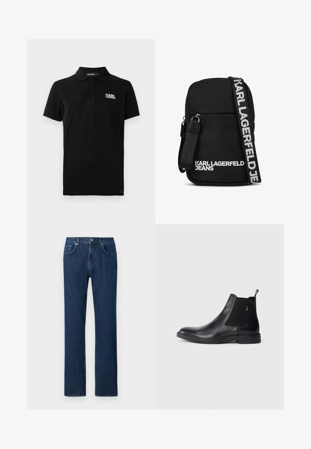 Polo negro de manga corta con tres botones y logo blanco "KARL LAGERFELD" en el lado izquierdo del pecho.; Jeans de denim azul oscuro con corte recto, que cuentan con un cierre frontal de botón, presillas para cinturón y un diseño de bolsillo estándar.; Botines Chelsea de cuero negro con paneles elásticos laterales, una pestaña para tirar y una suela de goma plana. Textura suave con un detalle mínimo.; Bolso cruzado de tela negra con forma rectangular, que cuenta con un bolsillo frontal con cremallera y una bandolera con logo en blanco en contraste.