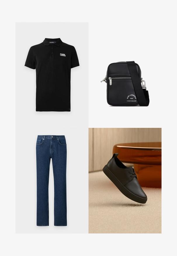 Polo negro de manga corta con tres botones y logo blanco "KARL LAGERFELD" en el lado izquierdo del pecho.; Jeans de denim azul oscuro con corte recto, que cuentan con un cierre frontal de botón, presillas para cinturón y un diseño de bolsillo estándar.; Zapatilla casual negra de cuero con cordones, flotando sobre una alfombra beige, con una mesa de cristal ámbar redondeada en el fondo.; Bolso cruzado de piel negra con herrajes de plata, un compartimento con cremallera, una superficie texturizada y una marca blanca prominente en el frente.