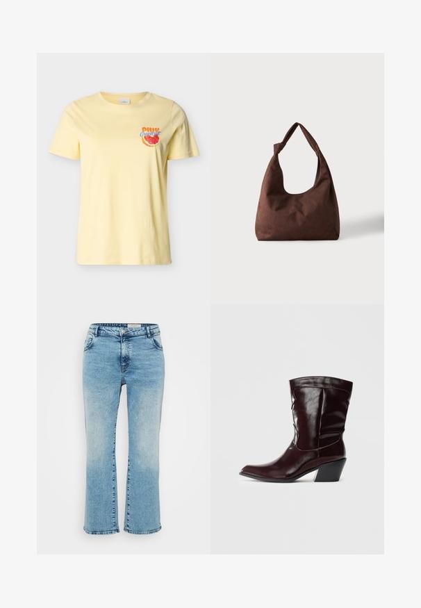 Lysegul T-shirt med korte ærmer, rund hals og et lille motiv af en grapefrugtskive samt teksten "Pulp Grapefruit" på venstre bryst.; Lyseblå denimjeans med lige snit, der har knaplukning, fem lommer og subtil falming ved knæene.; Bordeaux læder ankelstøvler med spids tå, tekstureret overflade og en lav, taperet hæl. Har diskrete søm og en tætsiddende pasform.; Brun tekstureret stofhåndtaske med et enkelt håndtag bundet i en knude, vist mod en ensfarvet lys baggrund.