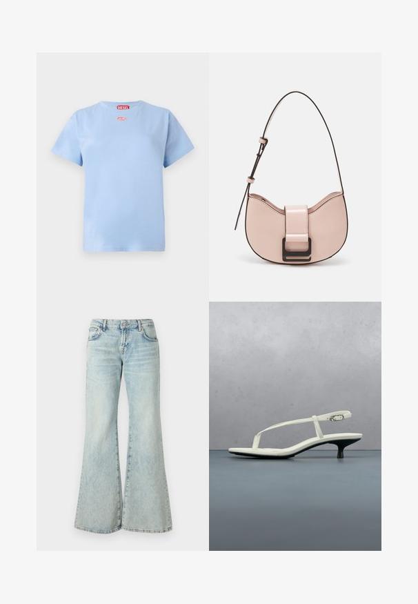 Lichtblauw katoenen T-shirt met korte mouwen, met een rood Diesel merklabel bij de hals en een klein rood ovaal logo onder de kraag.; Lichtblauwe flared jeans van denim, met een hoge taille, zakken en rafelige zomen. De stof heeft een vervaagde wassing en een subtiele textuur.; Witte sandaal met smalle bandjes en kitten heel, met een spitse neus, zwevend boven een houten tegelvloer buiten, met op de achtergrond een wazige plant en muur.; Kleine, gebogen roze leren handtas met een glanzende afwerking, voorzien van een zwarte accentriem en een grote zwarte sluiting. Crossbody ontwerp.