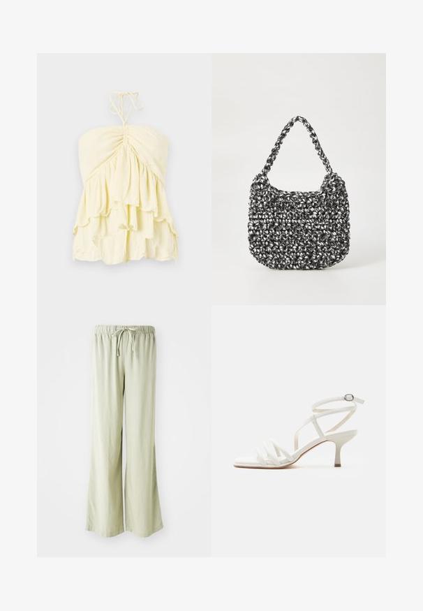 Top amarillo sin tirantes con cuerpo fruncido, que presenta volantes en capas. Fabricado con una tela ligera y de textura suave. Se ata al cuello.; Pantalones de pierna ancha verde claro con cintura elástica y cordón. Hechos de una tela suave y texturizada; bordes rematados sin patrones visibles.; Sandalia blanca de mujer con tiras, tacones delgados, tres tiras delanteras y una correa en el tobillo con hebilla plateada.; Bolso de mano tejido en blanco y negro con forma redondeada, superficie texturizada y asa trenzada. Adecuado para uso casual.