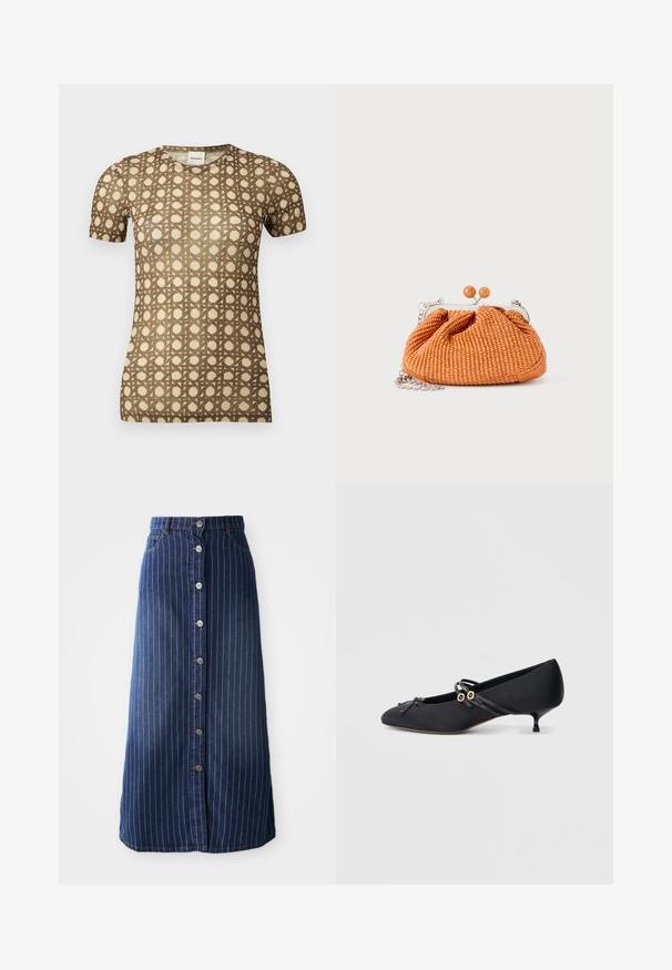 T-shirt beige à manches courtes avec un motif en treillis géométrique marron et un col rond.; Jupe maxi en denim foncé avec des rayures blanches verticales, fermeture à boutons sur le devant et légère évasement à l'ourlet. Comprend cinq boutons et un surpiquage contrasté.; Chaussures en satin noir à talons bas avec un bout pointu, ornées d'un nœud décoratif et de fines brides en cuir avec des accents dorés.; Petit sac pochette tissé orange avec cadre en métal argenté, fermoir rond et bandoulière chaîne argentée sur fond blanc.