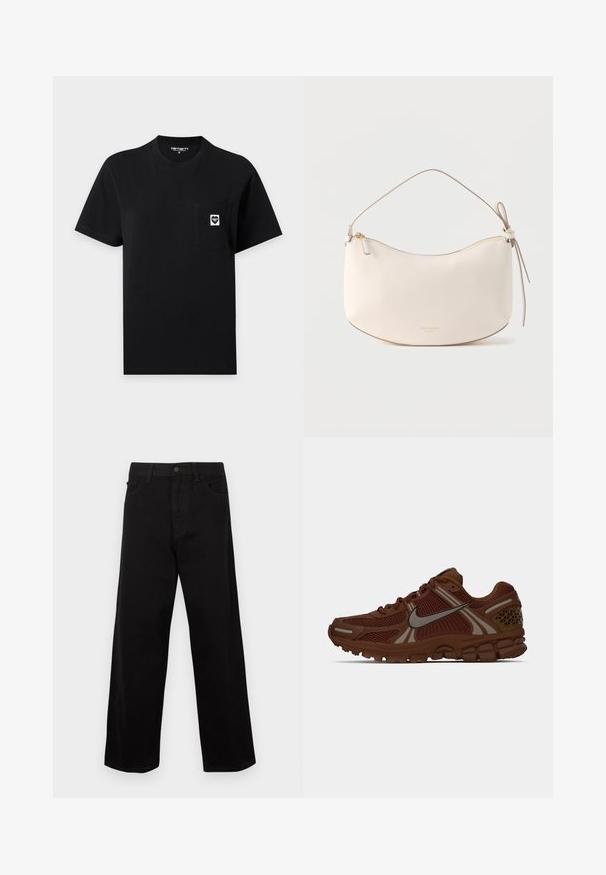 Must musta lühikeste varrukatega Carhartt T-särk, millel on rinnatasku ja tasku ülemises paremas nurgas väike valge logo.; Mustad, laia säärega teksapüksid, kõrge vöökohaga, viie taskuga ja ees nööpidega kinnitatavad. Materjal tundub vastupidav ja sileda tekstuuriga.; Pruun Nike jooksumüts, millel on võrkpaneelid, kummist tald ja peegeldav swoosh-logo külgede peal, kujutatud parempoolsest profiilist.; Elevandiluuvalgelt nahast käekott kõverate vormidega, tõmbluku sulgemine, üks rihm ja külje sõlme detail.