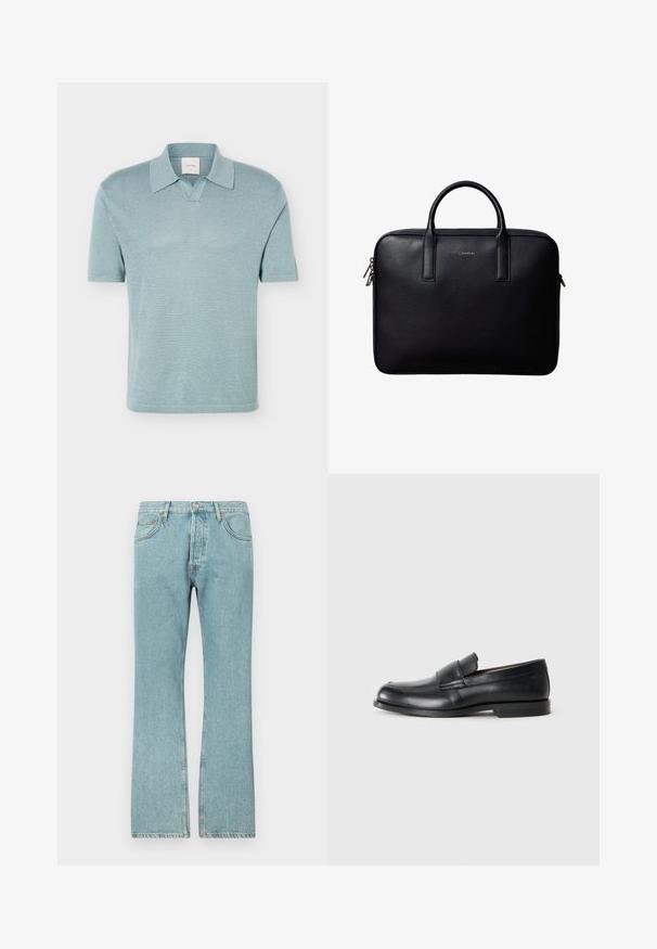 Lyseblå kortærmet strikket poloshirt med spredt krave og lille V-formet udskæring, vist på en hvid baggrund.; Lysblå denimjeans med lige ben-design, der har fem lommer og en knaplukning. Synlige sømme og frynsedetaljer i kanten.; Sorte læder loafers med rund tå, syet detaljer og en flad gummisål. Har en bred rem over vristen.; Sort lædermappe med dobbelte håndtag, rektangulær form og sølvfarvede lynlås træk, med en lille præget logo i midten.