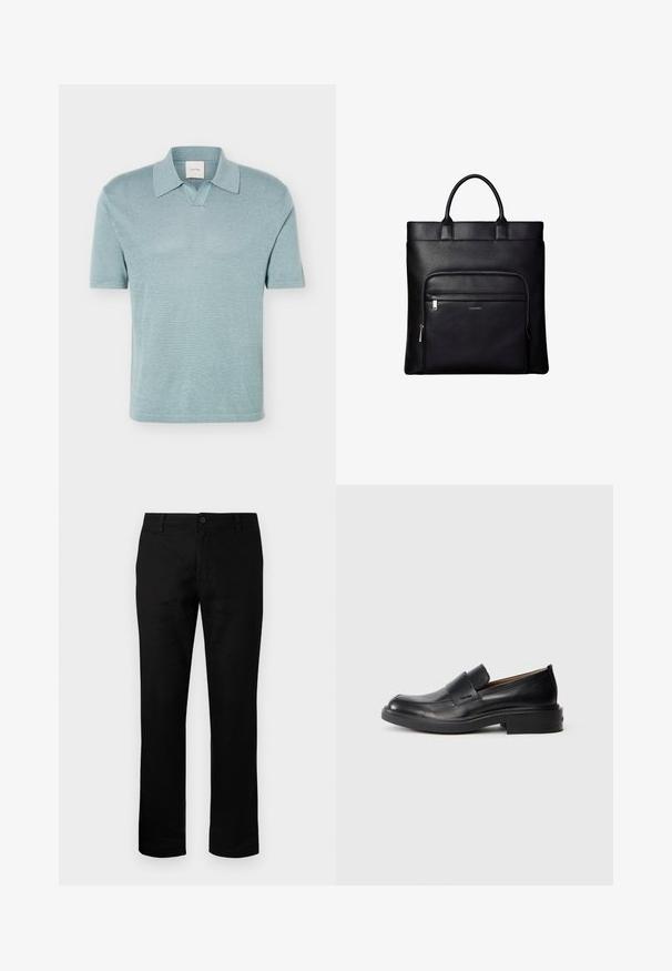 Polo en maille à manches courtes bleu clair avec un col à revers et une petite ouverture en V, présenté sur un fond blanc.; Pantalon noir à jambes droites avec fermeture à boutons, passants pour ceinture et poches avant, présenté sur un fond clair uni.; Chaussure habillée noire en cuir, à enfiler, avec un petit talon et un logo Calvin Klein discret sur le côté, présentée de profil sur un fond blanc.; Sac cabas en cuir noir avec anses supérieures et poche avant zippée portant un petit logo Calvin Klein sur la poche.