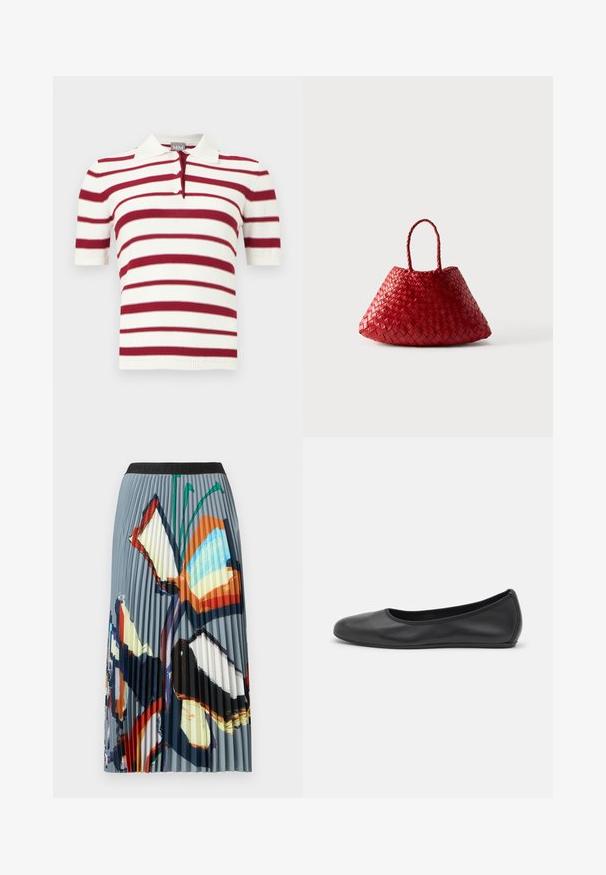 Polo en maille à manches courtes avec rayures horizontales blanches et rouge foncé et un col à patte à deux boutons.; Jupe midi plissée en tissu doux avec un motif coloré de papillons. La ceinture est noire avec un imprimé texturé.; Ballerines en cuir noir avec un bout rond, texture lisse, détails de couture minimalistes et design de semelle flexible.; Sac à main en cuir tressé rouge avec une forme triangulaire arrondie et deux poignées tressées sur fond blanc.