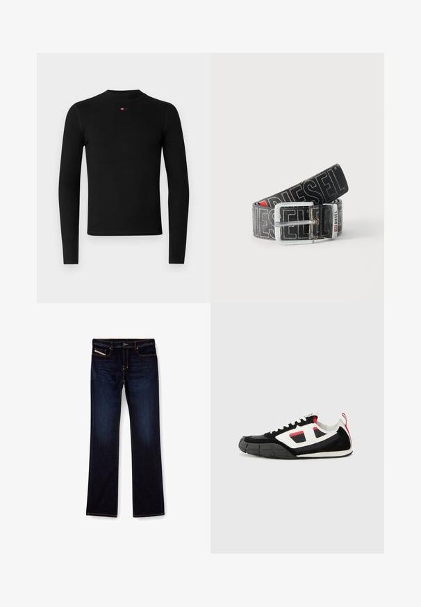 Chemise noire à manches longues avec un col rond, une texture côtelée et un petit logo rouge sur la poitrine. Design simple et ajusté.; Jean en denim bleu foncé avec une coupe droite, présentant des coutures orange, une fermeture éclair et des poches avant. Texture lisse et taille standard.; Diesel S PAGODHA LOW - Baskets basses - black; Ceinture noire Diesel avec grand texte logo blanc, boucle rectangulaire en argent, et détail de boucle métallique brandée, enroulée sur un fond clair.