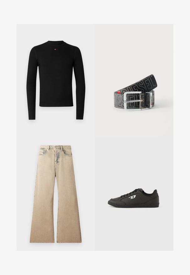 Zwarte lange-mouwen shirt met een ronde hals, een geribbelde textuur en een klein rood logo op de borst. Eenvoudig en strak ontwerp.; Beige wijde jeans met vervaagde textuur, vijf-pocket ontwerp en gestikte details langs de naden. De taille heeft een traditionele knoopsluiting.; Zwarte sneakers van synthetisch materiaal met een geribbelde zwarte zool, ronde neus en vlakke zwarte veters. Opvallend wit logomerk aan de buitenzijde.; Zwarte Diesel-riem met grote witte logotekst, rechthoekige zilveren gesp en merkmetal lusdetail, opgerold op een lichte achtergrond.