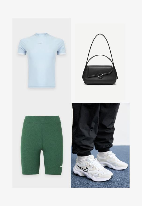Svetlomodrý atletický top s krátkym rukávom vyrobený z hladkej látky. Má okrúhly výstrih a nenápadné logo Nike na hrudi s bielymi akcentmi.; Zelené športové šortky z elastickej látky. Dizajn s vysokým pásom, ploché švy a biele logo Nike na spodnej ľavej nohe.; Biele a svetlošedé športové tenisky s textúrovaným zvrškom, hrubou podrážkou a čiernym logom swoosh. Nosia sa s čiernymi jogger nohavicami a bielymi ponožkami.; Čierna kožená kabelka s zaoblenými hranami, asymetrickým klopou, kovovou okrúhlou zapínacou sponou a krátkymi aj dlhými ramennými popruhmi.