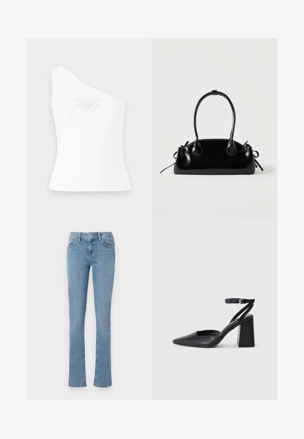 One-shoulder hvid top lavet af glat stof, med et sommerfuglemønster pyntet med små rhinsten foran.; Lyseblå denimbukser med vid ben, som har et standard fem-lomme design, knaplukning og synlige syninger.; Sort læder spidse pumps med ankelrem og en chunky hæl. Flad tekstur, slankt design og minimalistisk æstetik.; Lille sort blank håndtaske med to lange håndtag og snøre-detaljer i siden på en ensfarvet lys baggrund.