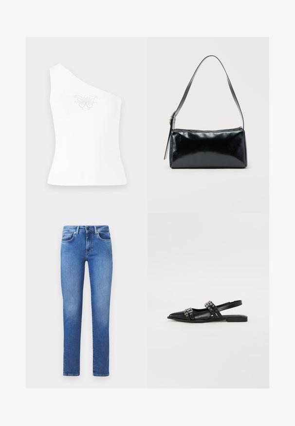 Eén-schouder witte top van gladde stof, met een vlinderontwerp dat aan de voorkant is versierd met kleine strass-steentjes.; Blauwe denim jeans met een rechte snit, vijf zakken en een knoopsluiting. De stof heeft een gladde textuur met een lichte vervaging.; Even&Odd Slingback ballerina´s - black; Zwarte rechthoekige schoudertas met een enkele verstelbare band en een bovenste ritssluiting op een effen achtergrond.