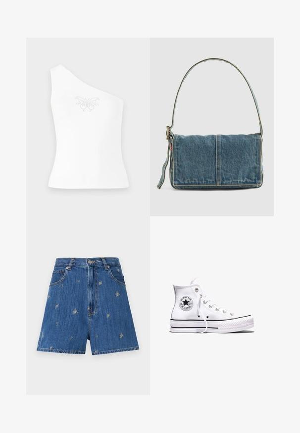 Ühe õla valge tops, mis on valmistatud siledast kangast, esiküljel on liblikakujundus, mida kaunistavad väikesed sädelevad kivid.; Keskmise sinise tooniga denim lühikesed püksid, millel on tikitud lille- ja liblikamustrid. Omab klassikalist viie tasku disaini ja nööbiga sulgemist.; Valged kõrgete säärega Converse Chuck Taylor All Star tossud mustade triipude ja logoplaadiga küljel, esitatud ühevärvilise valge tausta ees.; Denim õlakott volditud disainiga, helesinine värv, nähtavad õmblused, reguleeritav sang ja külgmine silt.