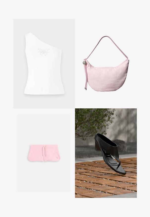 One-shoulder hvid top lavet af glat stof, med et sommerfuglemønster pyntet med små rhinsten foran.; Lyserøde shorts lavet af blød tekstil, med en snor med sølvspidser og et lille broderet logo i nederste højre hjørne.; Sort højhælet sandal med thongsrem, svævende over et mønstret træ- og grusbelagt udendørsareal med sløret grønt område og væg i baggrunden.; Blød lyserød skuldertaske i halvmåneform med justerbar snorrem, metalstopper og diskret præget "cK" logo midt foran.