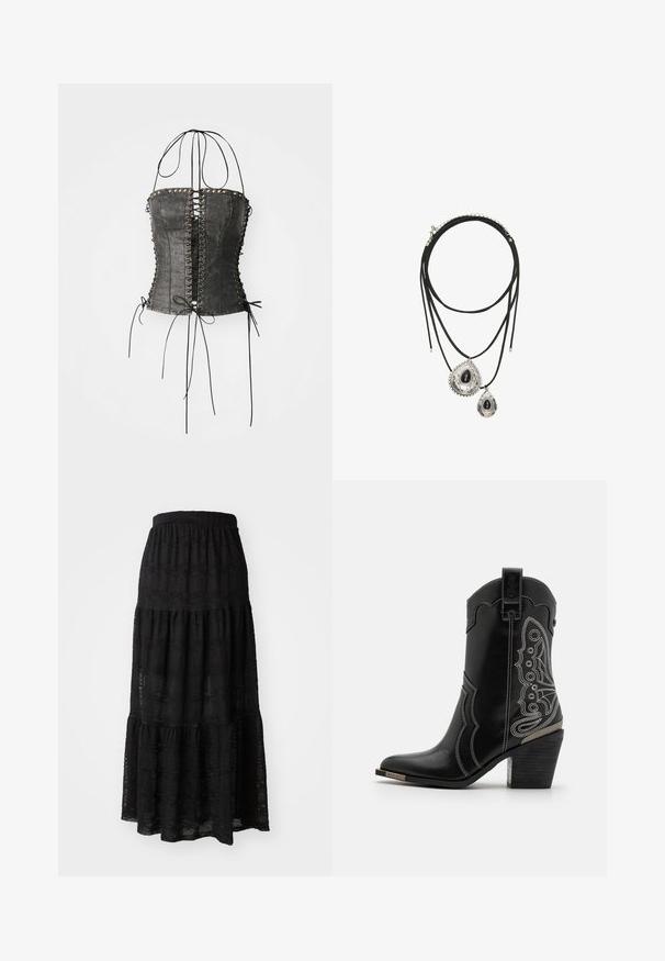 Jaded London LONGLINE LACE UP HALTER CORSET - Top - black; Sort maxiskørt lavet af tekstureret stof, med et lagdelt design, sammensnørende talje og subtile bølkemønstre gennem hele.; Sort læder cowboystøvle med hvid stitching og udsmykning på siderne. Hælen er kraftig og struktureret med en metallisk accent.; Dobbeltlags sort snor halskæde med to sølv dråbeformede vedhæng, hver med en sort sten i midten og dekorative kanter.