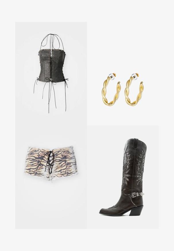 Jaded London LONGLINE LACE UP HALTER CORSET - Top - black; Tigerprint-Shorts aus Denim mit fransigem Saum, featuring eine schwarze Schnürfront und tonales Nähen. Die Farbpalette umfasst Beige und Schwarz.; Schwarzer Leder-Cowboystiefel mit dekorativen Ausschnitten, silberner Schnalle und schräger Ferse, auf weißem Hintergrund dargestellt.; Goldene, gedrehte Creolen mit glatter Oberfläche, ausgestattet mit transparentem Rücken und goldfarbenen Beschlägen.