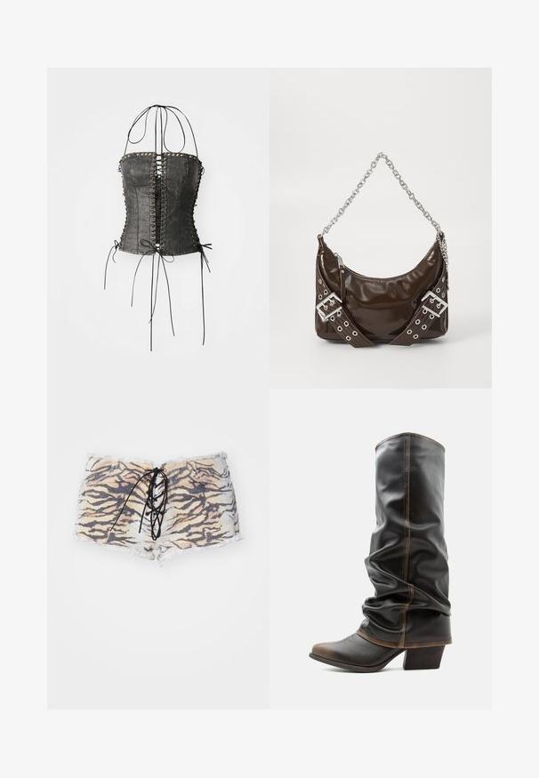 Jaded London LONGLINE LACE UP HALTER CORSET - Top - black; Tigerprint-Shorts aus Denim mit fransigem Saum, featuring eine schwarze Schnürfront und tonales Nähen. Die Farbpalette umfasst Beige und Schwarz.; Hoher schwarzer Lederstiefel mit braunen Akzenten, spitzer Zehenform und gestapeltem Absatz vor schlichtem weißem Hintergrund.; Dunkelbraune Lackleder-Handtasche mit silberner Kettenriemen, dekorativen doppelten Schnallen und Reißverschluss.