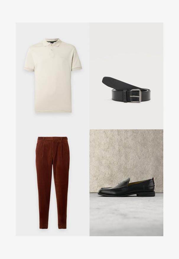 Polo beige confeccionado en algodón ligero, con cuello clásico, tapeta de tres botones y un sutil bordado del logo en el pecho.; Pantalones de pana marrones con corte recto, que presentan pliegues frontales, dos bolsillos laterales y una textura suave. Adecuados para uso casual.; Mocasín de cuero negro para hombre con empeine grabado en relieve de cocodrilo y tacón bajo, mostrado de perfil sobre un fondo neutro.; Cinturón de cuero negro enrollado con hebilla metálica rectangular plateada sobre un fondo liso claro.